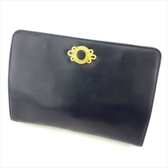Salvatore Ferragamo Clutch bag Navy Gold leather Woman Authentic Used L2538